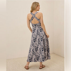 NWOT Pact Organic Cotton Midnight Blue Palms Fit & Flare Open Back Maxi Dress XS